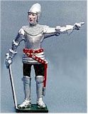A commander in armour and holding his drawn sword .
